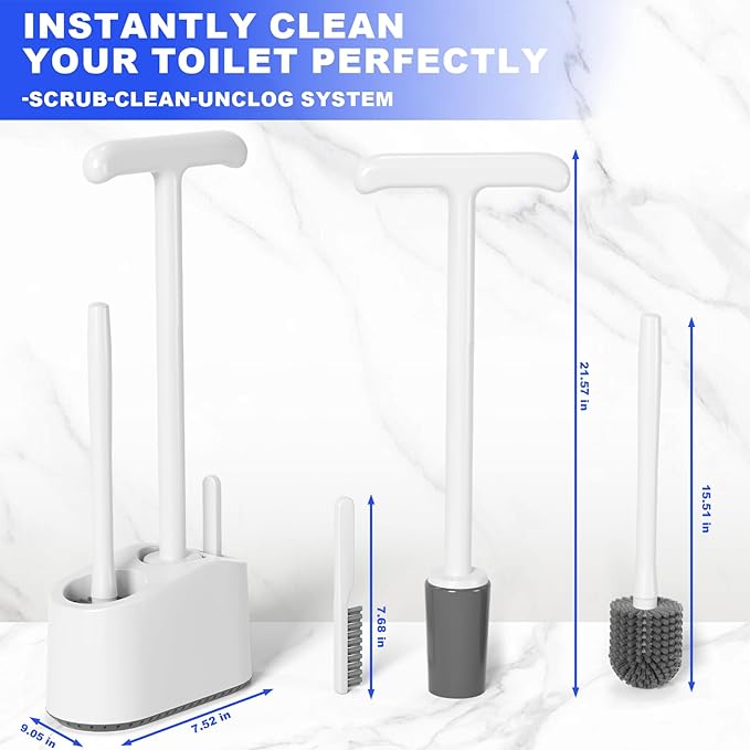 3 in 1 Toilet Brush and Plunger Set，Extended Handle Plunger,Heavy Duty Toilet Bowl Brush and Holder Hidden Toilet Plunger and Brush Set,Bathroom Cleaning Supplies (Pure White)