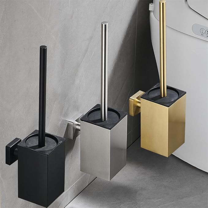 Toilet Brush and Holder Set Wall Mount or Freestanding KWQKEM Modern Toilet Bowl Cleaners Brush and Holder with Lid 304 Stainless Steel (Brushed Silver)