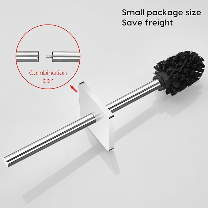JOVYXIE Bright Silver Stainless Steel Square Toilet Brush with Metal Lid Dual-Use Toilet Brush Holder with Drilled + Drill-Free Hook Base Includes Removable Inner Bucket (Bright Silver)