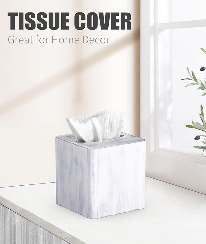 Livelab Tissue Box Cover Square - Oak Wood Tissue Box Holder for Living Room, Dinner Table, Bathroom, Office - Decorative Wooden Cube Facial Tissue Cover for Modern Farmhouse Home Decor | Whitewash