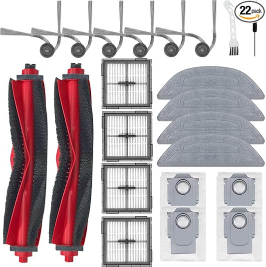22 Pack Replacement Accessories Kit Compatible With Roborock Q10 S5/Q10 S5+/Q10 X5/Q10 X5+,2 Main Brush 6 Side Brush,4 Hepa Filter,4 Mop Pads,4 Dust Bags (Q10 Series)