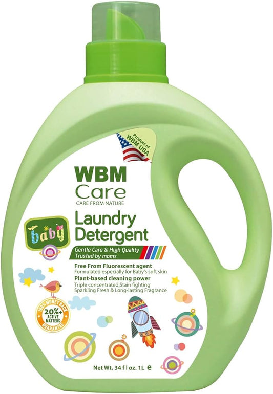 WBM Plant-Based Laundry Detergent Liquid – 34 fl oz, 50 loads total. Eco-friendly formula for powerful cleaning, gentle on fabrics, and safe for the environment