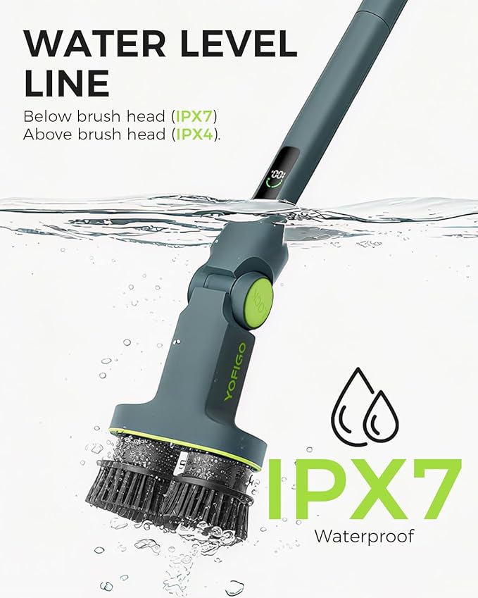 Electric Spin Scrubber Cordless Dual-Brush, IPX7 Waterproof Bathroom Power Scrubber Removalbe Extendable Handle with Digital Display, 2 Speeds, 6 Brush Heads for Bathroom, Tub, Tile, Shower, and Car