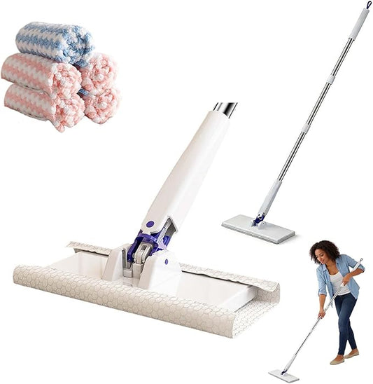 Snap Grip Mini Mop with 5 Reusable Cloths, No Wash Zero Touch Disposable Lazy Mop, Retractable Gap Dust Cleaner Flat Mops with Locking Head, Dry Wet Pads for Floor Hardwood Kitchen Wall (107×16×8cm)