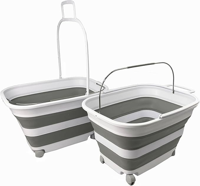SAMMART 35L (9.24 Gallons) Collapsible Plastic Laundry Basket with Handle and Wheels - Foldable Pop Up Storage Container/Washing Tub - Space Saving (2, White/Grey)