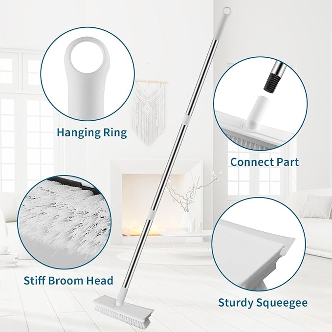 ZHAYAO Floor Scrub Brush with Long Handle, 2 in 1 Scrape Brush Stiff Bristle Floor Scrubber for Cleaning Shower Bathroom Garage Kitchen Wall Deck Tub Tile (White, 1 Pack)