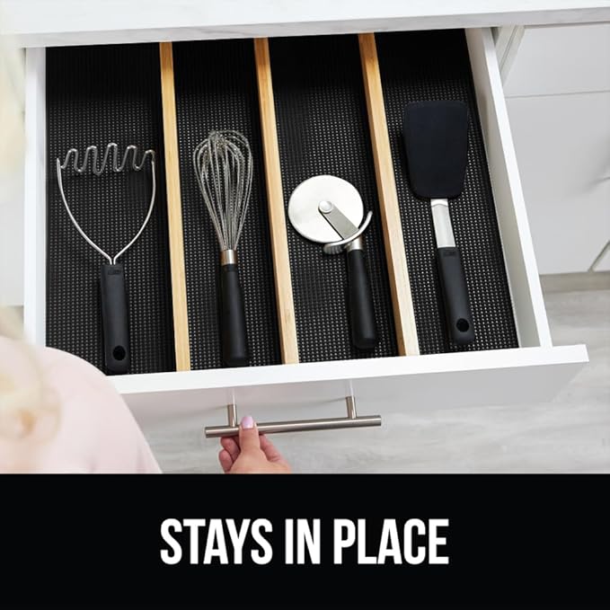 GORILLA GRIP powerGRIP Drawer Shelf and Cabinet Liner, Thick Strong Hold, Non-Adhesive Liners Protect Kitchen Cabinets and Cupboard, Bathroom Drawers, Easy Install, Breathable Mat, 12" x10', Black