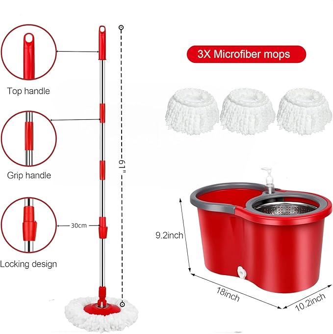 Spin Mop and Bucket with Wringer Set, 360° Spinning Mop Bucket System with 3 Microfiber Mop Replacement Heads Refills,56" Stainless Steel Extended Handle for Floor Cleaning Home(20QT) (Green) (Red)