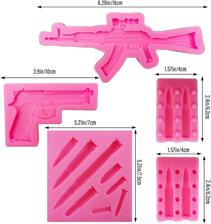 Gun Bullet Silicone Molds Pistol Fondant Mold 3D Machine Gun Molds For Cake Decorating Candy Chocolate Cupcake Topper Decor Tools DIY Polymer Clay, Desserts, Crafting Projects, Jewelry Making(6 Pcs)