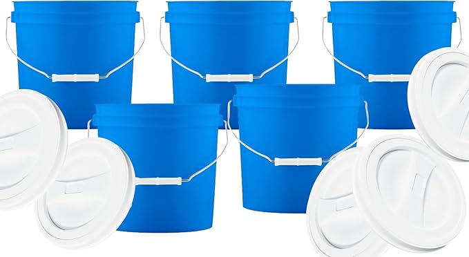 House Naturals 2 Gallon Blue Made in USA Food Grade BPA Free Bucket Pail with White Screw On Lid (Pack of 5) (with White lids)