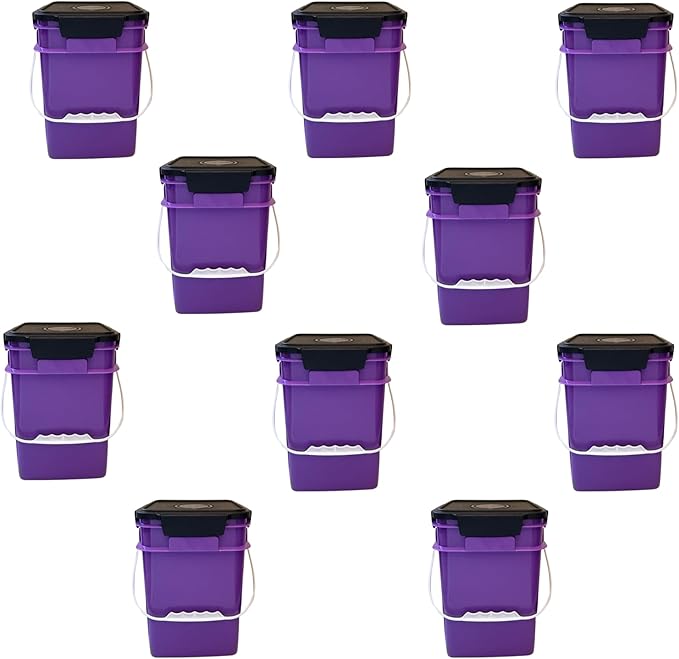 House Naturals 4 Gallon Square Buckets with lids- Made in USA Container- Pack of 10 (Purple - Black lids)