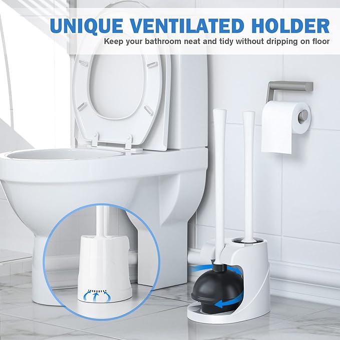 Toilet Plunger and Brush, Bowl Brush and Heavy Duty Toilet Plunger Set with Ventilated Holder, 2-in-1 Bathroom Cleaning Combo with Modern Caddy Stand for 5.7-inch Toilet Drain(White, 2 Set)