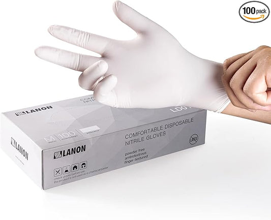 LANON Food Safe White Disposable Nitrile Gloves, Latex-Free, Powder-Free, Textured Fingertips, Cooking, Cleaning, XL