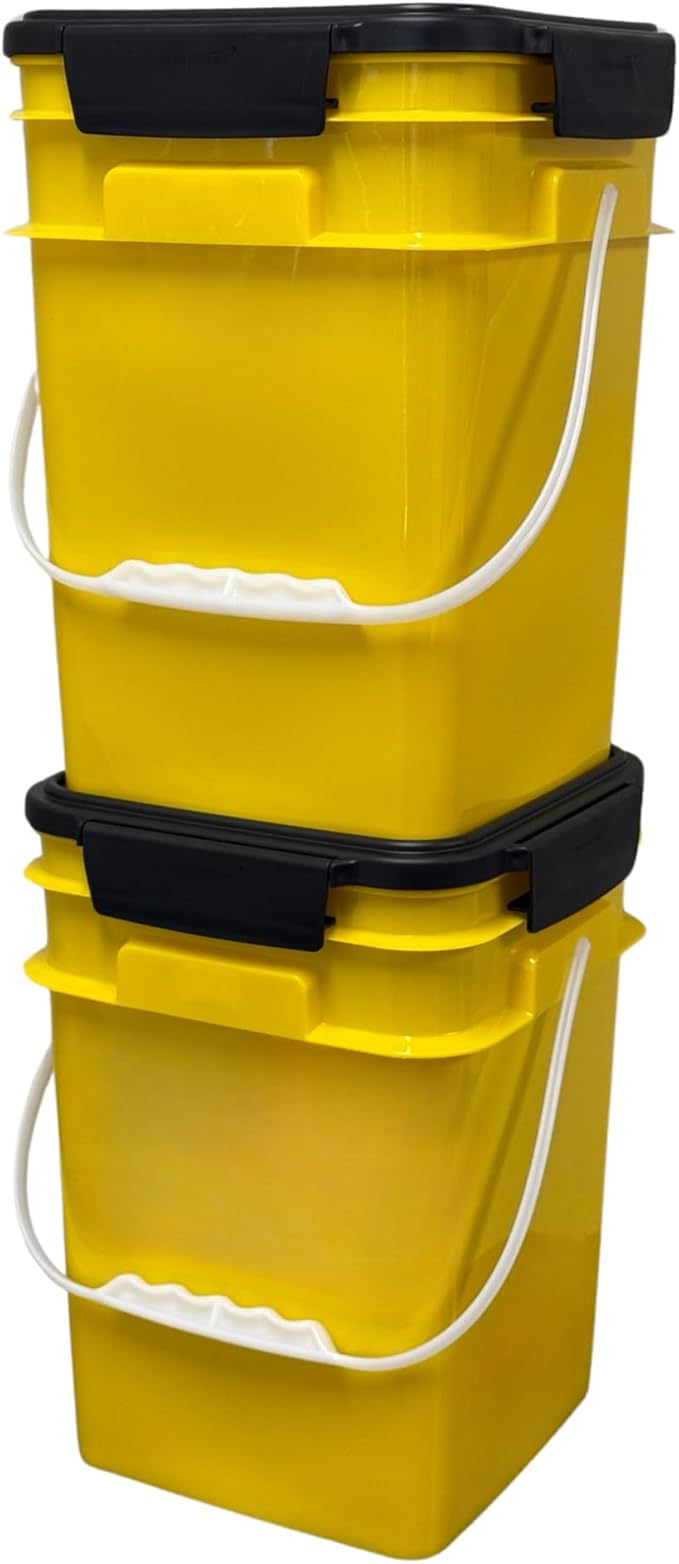 House Naturals 4 Gallon Square Buckets with lids- Made in USA Container- Pack of 10 (Yellow - Black lids)