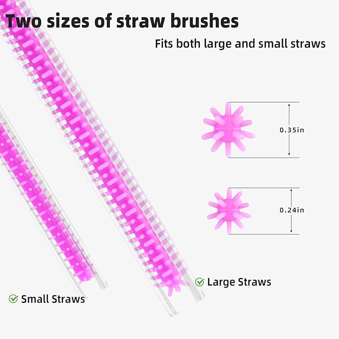 TenderBloom Silicone Straw Cleaner Brush, 4-Piece Reusable Straw Brush Set with Extra-Long Design for Cleaning Thin Metal Straws and Wider Milkshake Straws （6mm+9mm Purple)