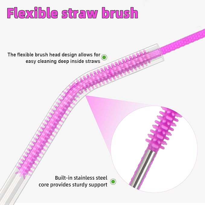 TenderBloom Silicone Straw Cleaner Brush, 4-Piece Reusable Straw Brush Set with Extra-Long Design for Cleaning Thin Metal Straws and Wider Milkshake Straws （6mm+9mm Purple)