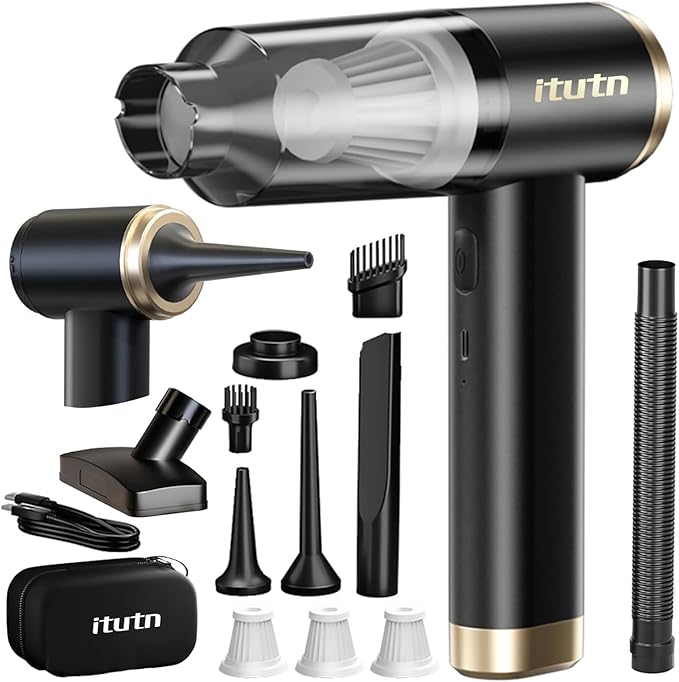 itutn Mini Car Vacuum Cleaner, 15000PA Powerful Suction, Portable Cordless Vacuum for Car, Handheld Small Vacuum Cleaner & Air Duster for Home, Desk,PC, Keyboard (Mini Vacuum + 11 attachments)