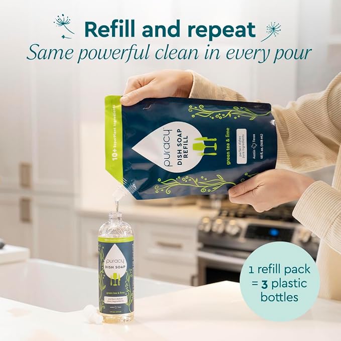 Puracy Natural Dish Soap Refill - Skin-Softening Plant-Based Liquid Dishwashing Detergent Soap, Clean-Rinsing Water-Sheeting Formula (Green Tea & Lime, 48 fl oz)