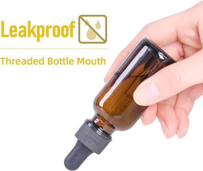 1 oz Dropper Bottle 12 Pack Amber Glass Boston Bottles 30ml with Eye Droppers Black Caps for Essential Oils, Perfume, Leak Proof Travel Bottles for Liquids