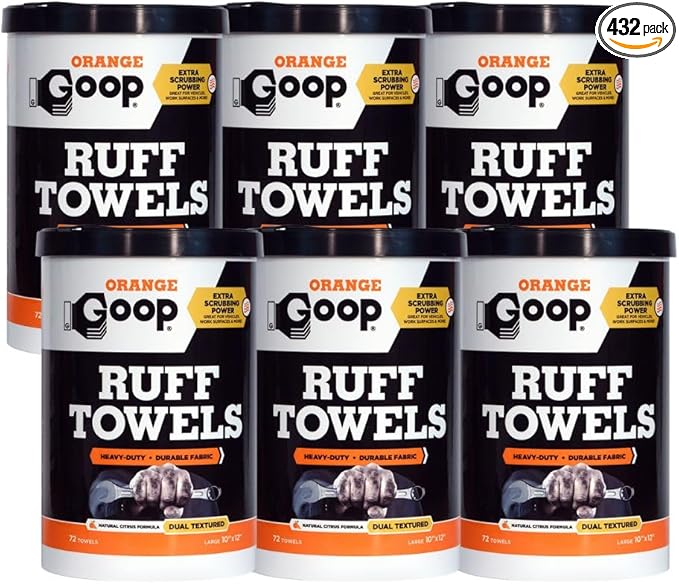 GOOP Heavy Duty Ruff Towels with Scrubbing Power, 10” x 12” Dual Textured Multi-Purpose Cleaning Wipes, Removes Dirt, Grease, Oil - 6 Pack