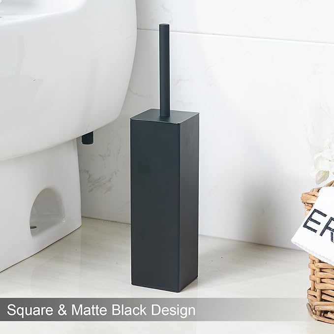 Kelirol Matte Black Square Stainless Steel Toilet Brush with Holder, 304 Modern Toilet Brush Set – Rust Resistant, Long Handle, Replacement Heads, Floor Standing Bathroom Toilet Cleaning Brush