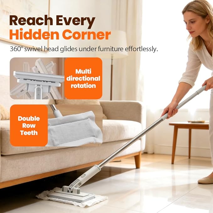Snap Grip Mini Mop,Mini Sweeper Mop No-Touch Dirty Cleaning Flat Dust Mop for Dry Wet Disposable Pads,Corners Wall Multi Surface Cleaning (White 6.3x31 inch)