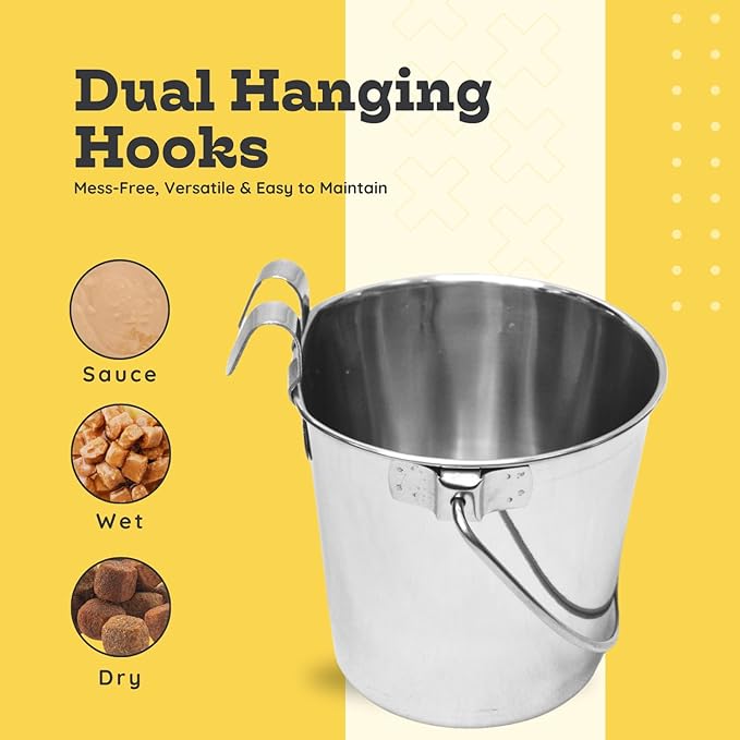 6 Quart Stainless Steel Flat Sided Bucket with Dual Hooks | Durable Food & Water Bowl for Dogs Cats Goat Sheep & Livestock | Fits kennel Cage Critter Crate Hanging Pet Pail | Multipurpose