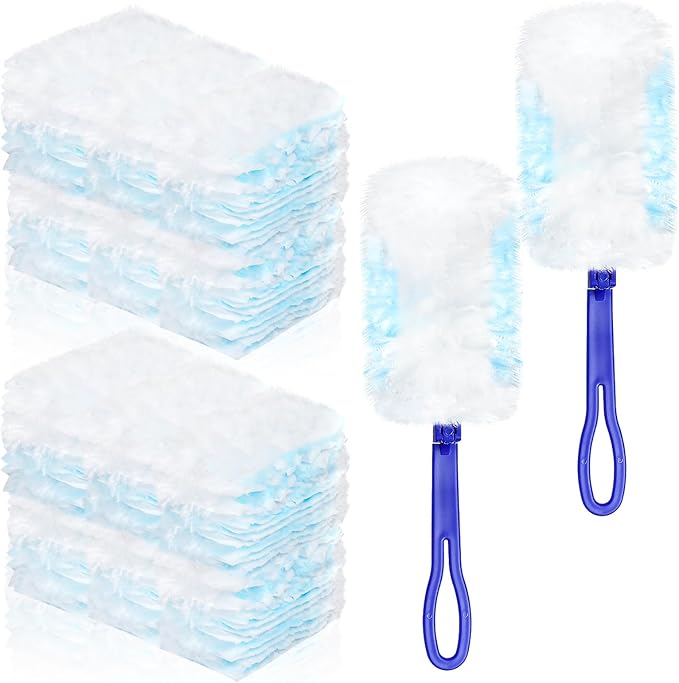 Milkary 60Pcs Duster Refills Electrostatic Fluffy for Cleaning, Duster Disposable Replacement Refills Bulk with 2 Handles for Home Office Blinds Ceiling Fans Furniture Multi-Surface Dusting, Blue