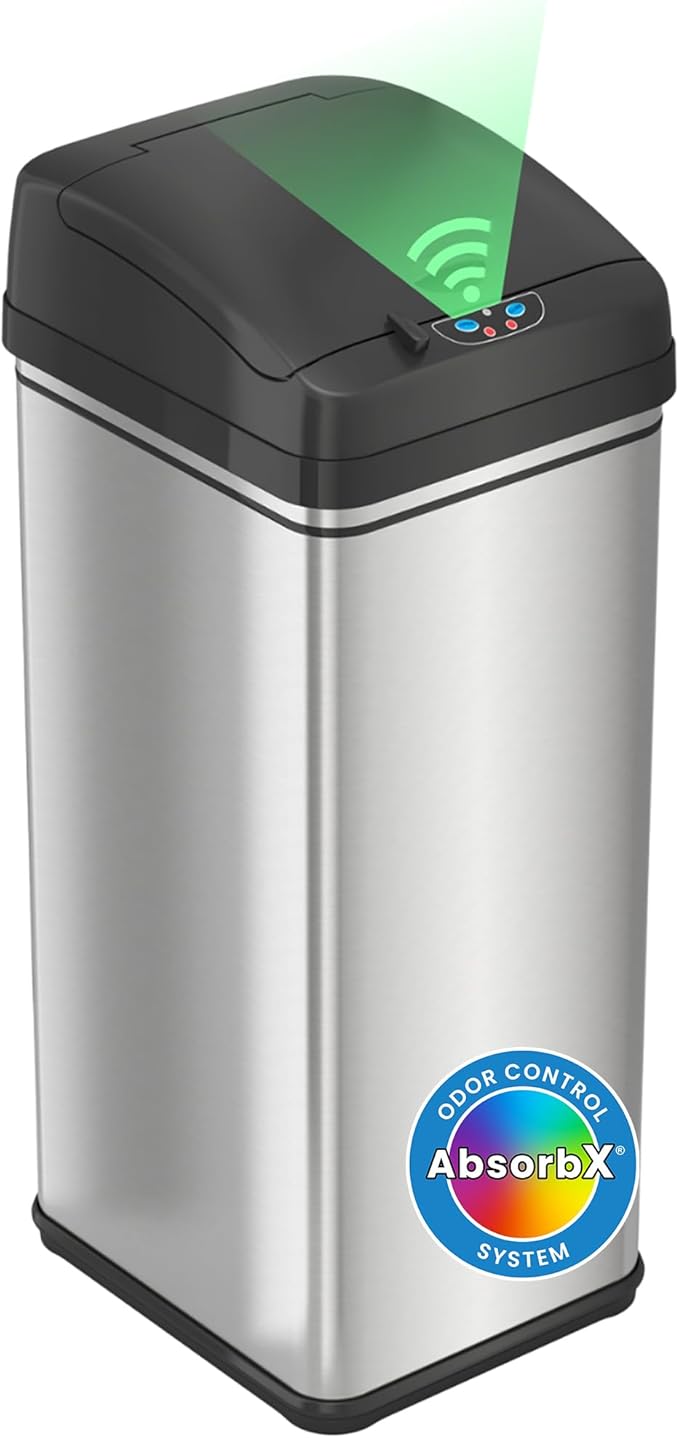 iTouchless 50 Liter / 13 Gallon Kitchen Trash Can with Lid & Odor Filter – Motion Sensor Stainless Steel Garbage Bin for Home, Office, or Garage – Slim, Large Capacity Design