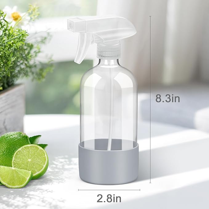 Glass Spray Bottles with Silicone Sleeve Protection, Empty 16 oz Refillable Containers, Reusable Spray Bottles with Adjustable Nozzle for Hair, Cleaning Solutions, 3 Pack Grey