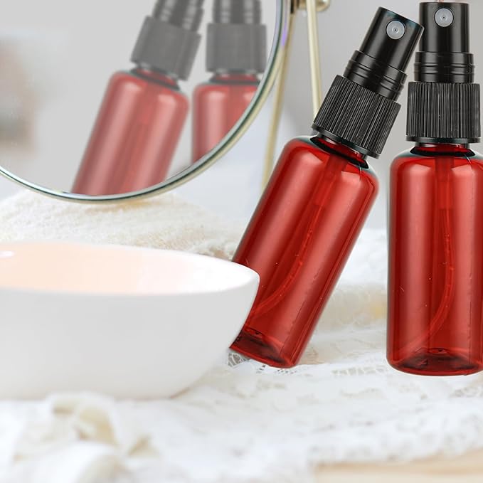 60PCS 1 oz Plastic Amber Spray Bottle, Empty Small Amber Spray Bottle with Sticker and Funnel, Refillable Mini Mister Spray Bottle for Essential Oils, Bath & Cleaning