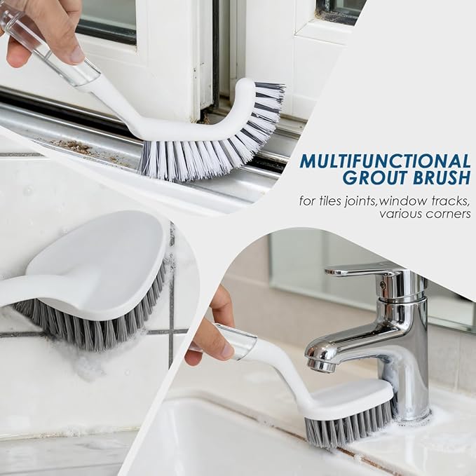 QUIVIX 3 Pack Heavy Duty Bathroom Scrub Brush with Long Handle, Stiff Bristles Grout Brush, Scrub Brushes for Cleaning Bathroom, Shower, Tile, Tub, Carpet, Kitchen, Sink (Crystal Gray)