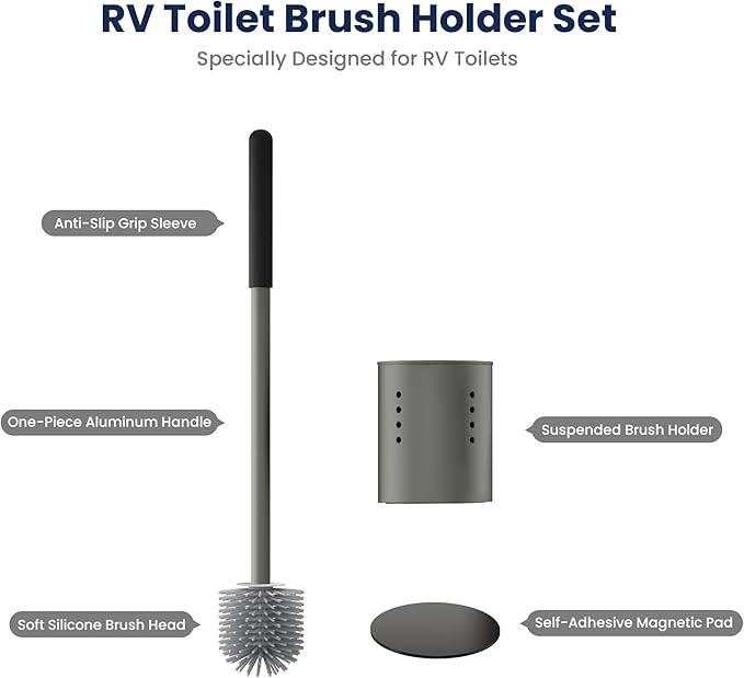 RV Toilet Brush and Holder Set- One-Piece Long Handle, Silicone Head, Magnetic Base- RV Bathroom Cleaning Kit, RV Essentials Accessories for Camper, Trailer, Motorhome