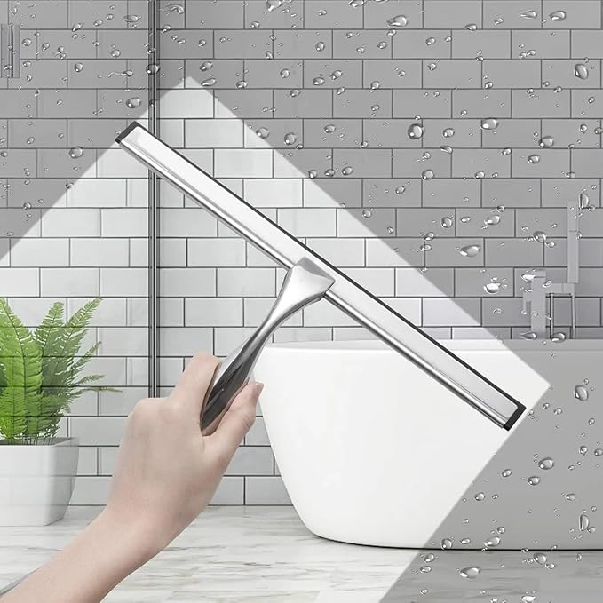 J&V TEXTILES All-Purpose Stainless Steel Shower Squeegee for Glass Doors with Adhesive Hooks, Squeegee for Shower Glass, Bathroom Household Cleaner Tool, 10 Inch (Silver)