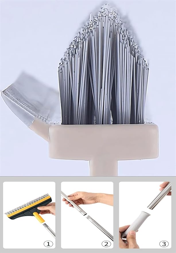 Cleaning Scrub Brush with Long Handle Heavy Duty - 2023 New Shower Powerful 2-in-1 Cleaning Tool with Soft Scraper Squeegee, V-Shaped Bristles Scrubber Deck Brush (Khaki)