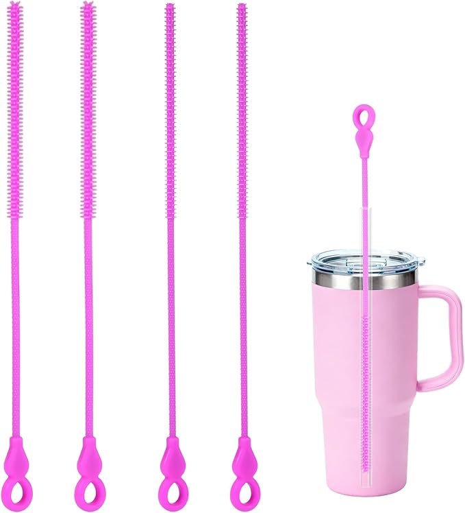 TenderBloom Silicone Straw Cleaner Brush, 4-Piece Reusable Straw Brush Set with Extra-Long Design for Cleaning Thin Metal Straws and Wider Milkshake Straws （6mm+9mm Purple)