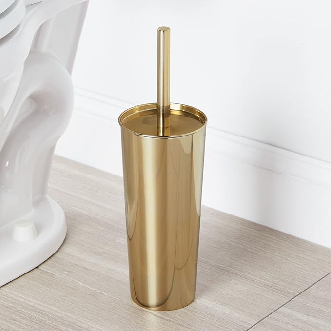 mDesign Round Metal Modern Compact Freestanding Plastic Toilet Bowl Brush and Round 6.4 Liter/1.7 Gallon Wastebasket Garbage Can Combo Set for Bathroom Cleaning - Mirri Collection - Set of 2 - Brass