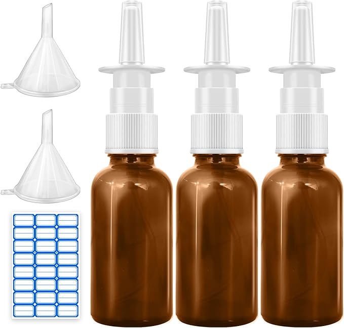 Cupohus Nasal Spray Bottle, 3 Pcs 30ML/1oz Amber Glass Refillable Fine Mist Sprayers Atomizers, Travel Sized, Empty Nasal Sprayer with Funnels and Labels
