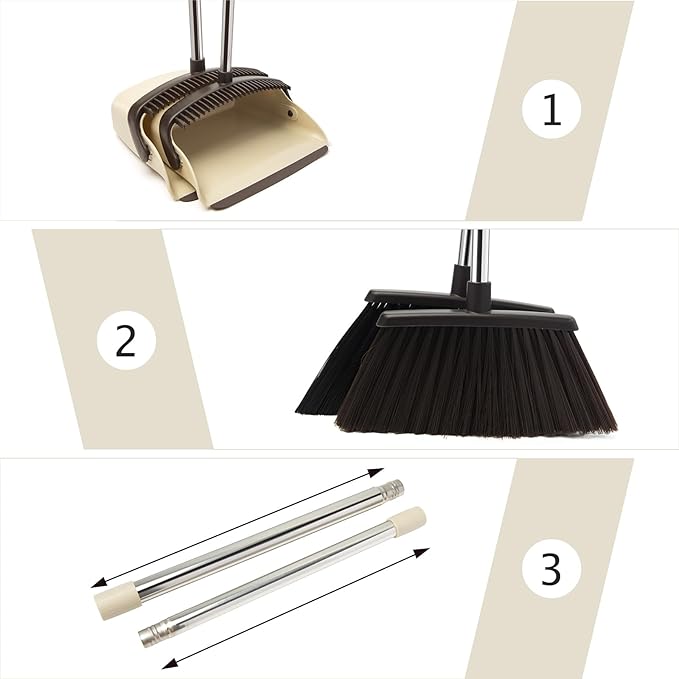 XXFLOWER Broom and Dustpan Set, Dustpans with Broom Combo for Home, Heavy Dust Broom and Dustpan Combo, Long Handle Dust Pan and Broom Set for Kitchen, Office, Pet Hair,Beige, Pack of 1
