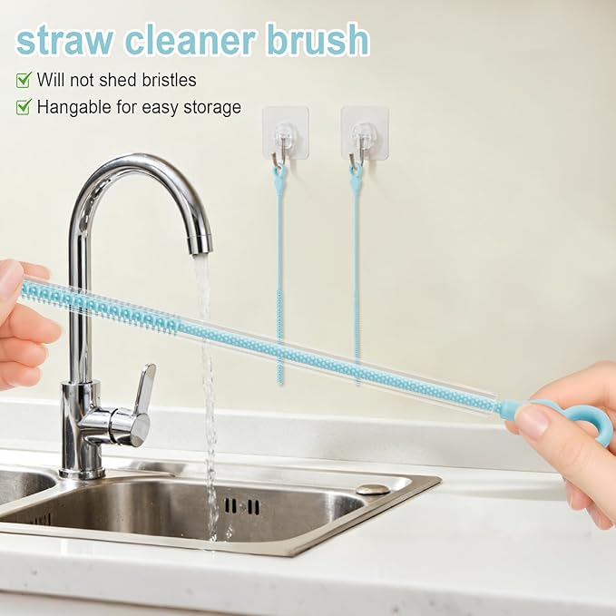 TenderBloom Silicone Straw Cleaner Brush, 4-Piece Reusable Straw Brush Set with Extra-Long Design for Cleaning Thin Metal Straws and Wider Milkshake Straws （6mm+9mm Blue)