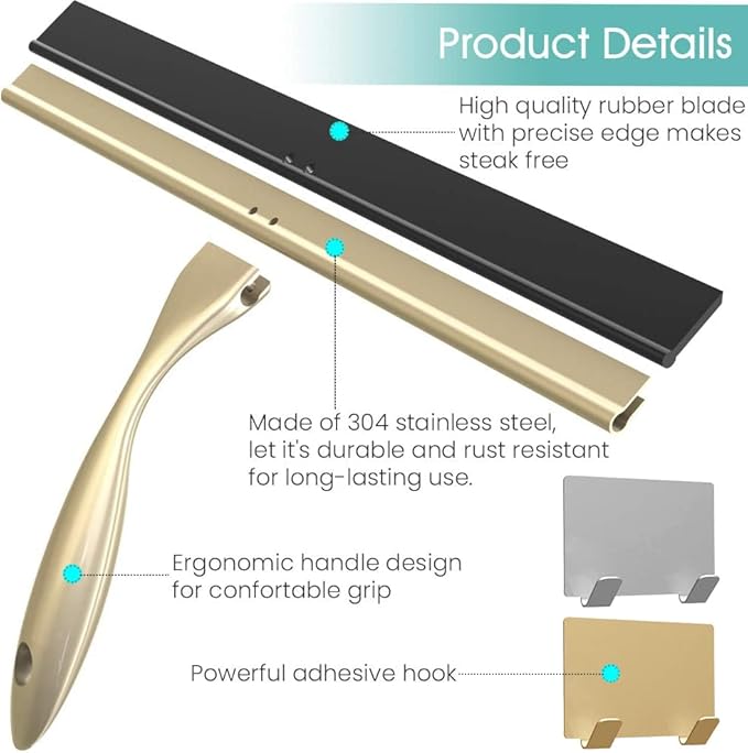 TopCharm Shower Squeegee for Doors & Windows, All-Purpose, Stainless Steel, 14 Inch, Golden