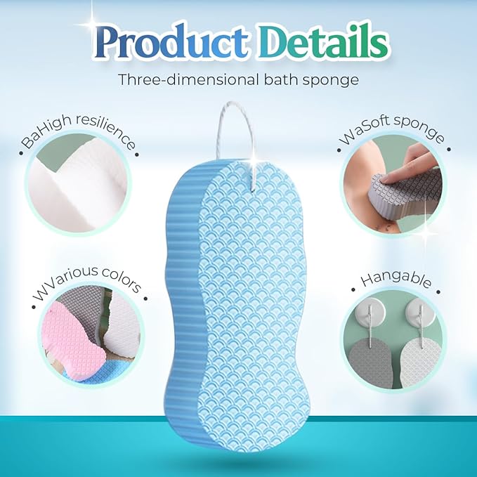 Magic Exfoliating Bath Sponge, 2025 New Super Soft Exfoliating Bath Sponge, 3D Magic Exfoliating Body Scrubber, Shower Sponges for Body Removes Dead Skin (White Blue)