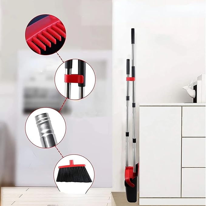 KARMNEEV Standing Broom and Dustpan Set, Built-in Scraper Teeth, No-Slip Grip, Dust Collection Tray for Home, Office, Lobby, and Outdoor, Adjustable Handle from 38.18" to 52" (Black and Red)