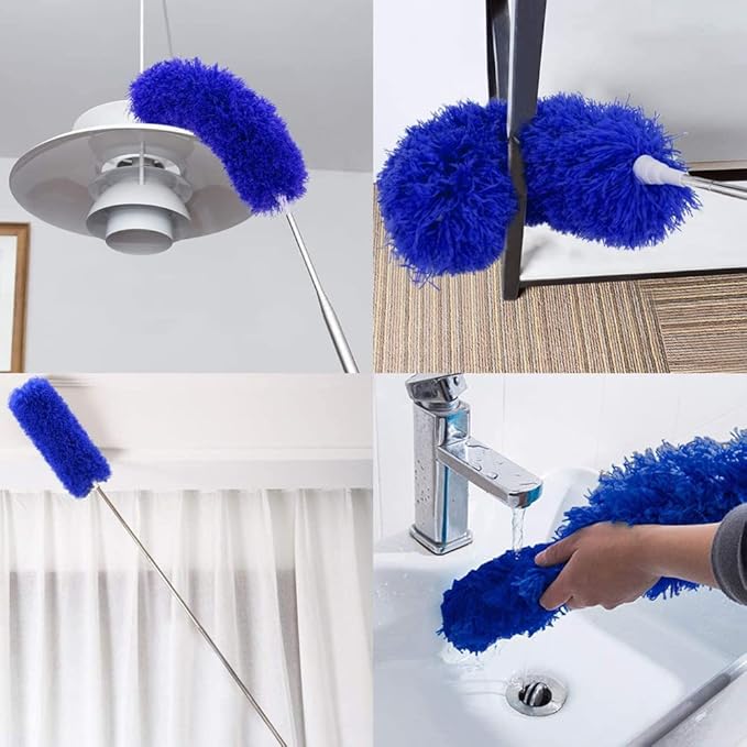 Ceiling Fan Feather Duster with Extension Pole, Cobweb & Corner Brush for Cleaning, Long Handle Aluminum Telescoping Pole, Washable, Blue, 130cm