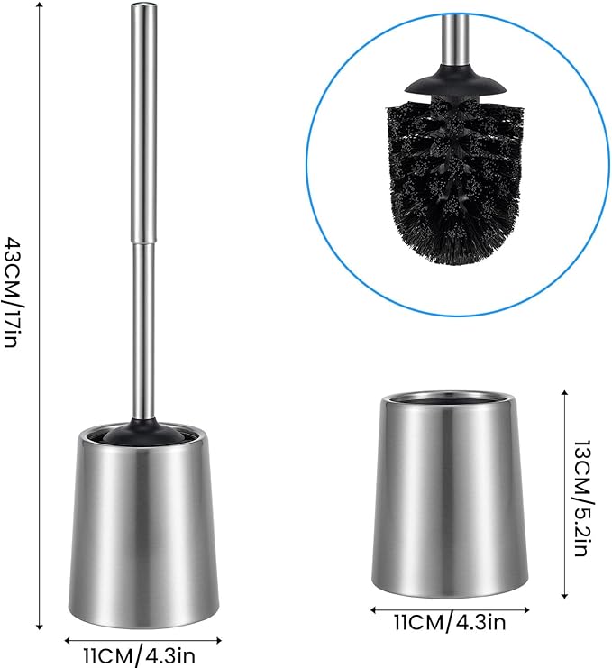 Smartbin Stainless Steel Toilet Brush and Holder Toilet Brush and Cases Bathroom Bowl Cleaning Brush Double Layer Holder Long Brush Handle High Density Bristles Silver