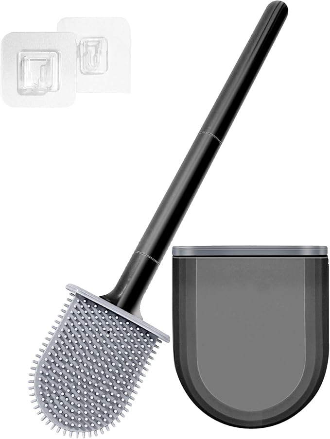 Kucucyle Mini RV Silicone Toilet Brush with TPR Bristles & ABS Detachable Handle Set, Flexible 360°Deep Cleaners Brushes, Wall-Mounted Design for Space-Saving RV Bathrooms Toilet Bowl Brush (Black)