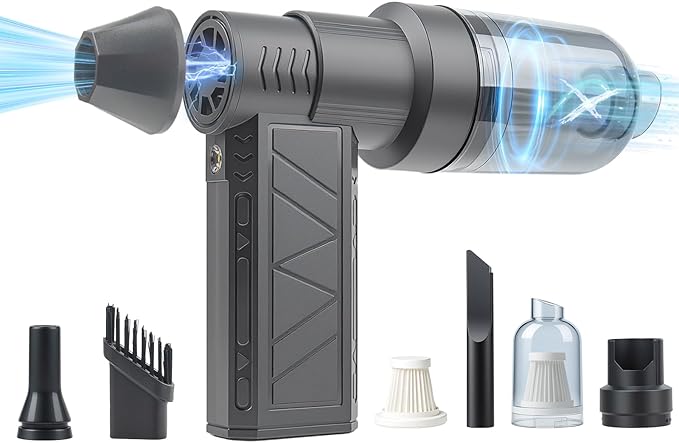 NUHFUFA 4-in-1 Compressed Air Duster with Light, Handheld Car Vacuum/Air Blower/Pump/Inflate 130000RPM Adjustable Electric Vacuum Cleaner for Computer Keyboard Car Home(Gray)