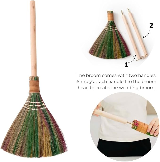 TTS For Home - Elegant Wedding Brooms Bride Bridegroom, Jumping The Broom for Wedding, Natural Whisk Broom with Ribbons, Artificial Pearl, Leaves,Roses for Decorative