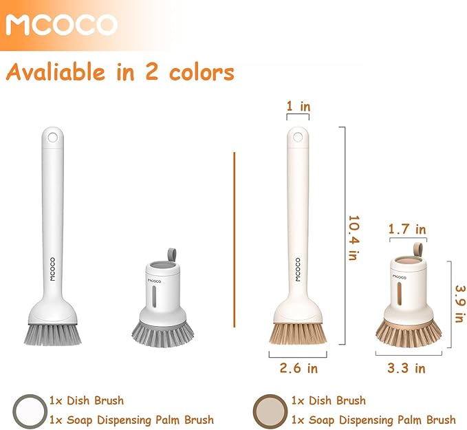 MCOCO Dish Brush Set with Soap Dispensing Palm Brush Dish Scrub Brush with Soap Dispenser Palm Dish Brush Kitchen Cleaning Brush with Ergonomic Long Handle for Cleaning Sink, Pot, Pan, Stove, White