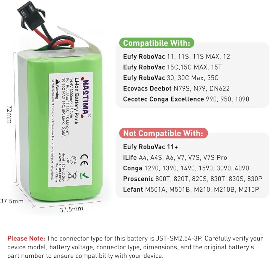 NASTIMA 14.4V 3000mAh Replacement Battery for Eufy Robovac 11 11S MAX 15C MAX 20C 30C MAX G10 G20 G30, for Ecovacs Deebot N79S,N79,DN622 N79SE,N79W, and Tesvor X500
